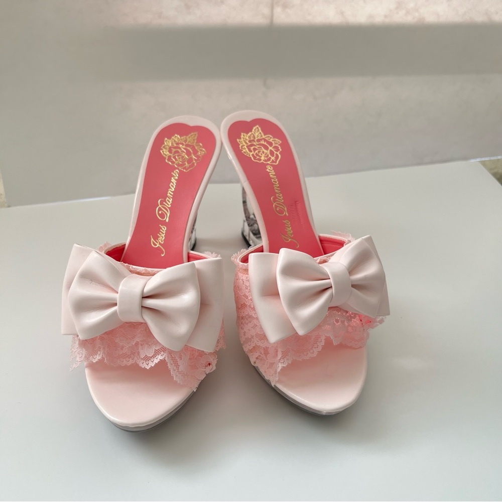 Jesus Diamante Clear Heel Mule Sandals with Pink Bow & Pearl Inside